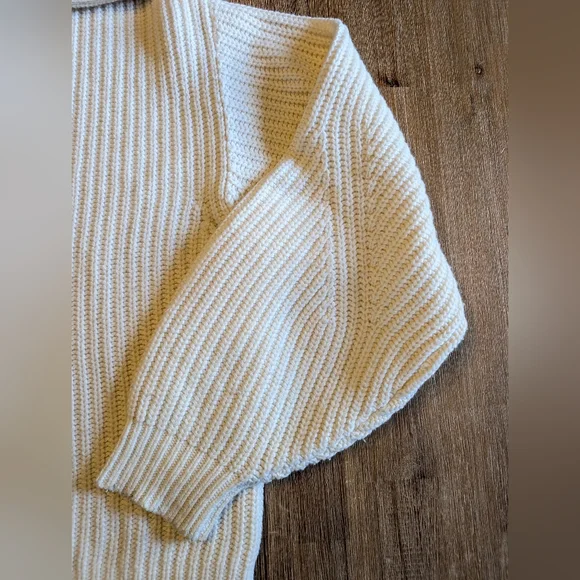 SEZANE Peter Laced Merino Blend Ribbed Flip Collar Jumper in Ecru Size S - Picture 7 of 15